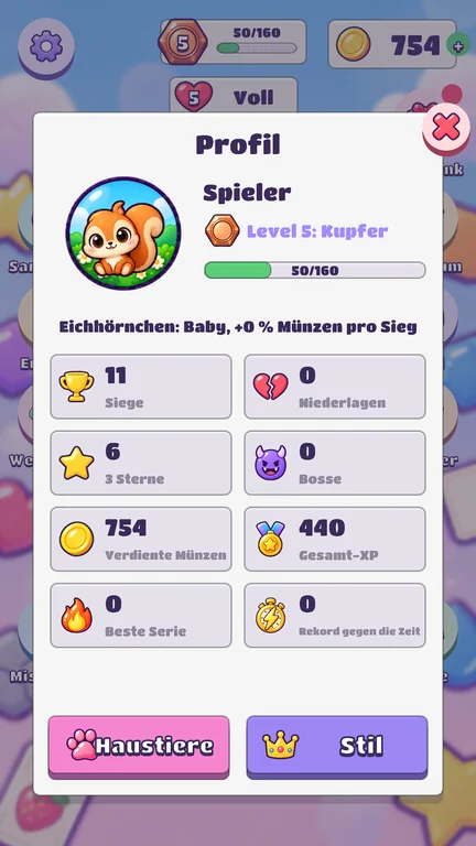 Spielbildschirm: Profil und Haustier