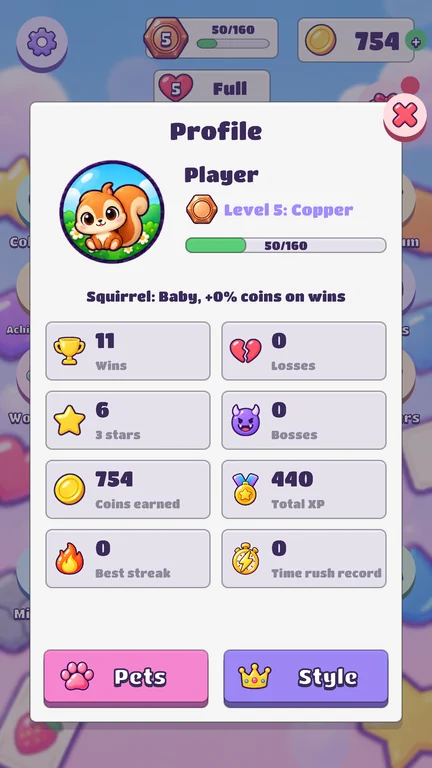 Game screen: Profile and pet