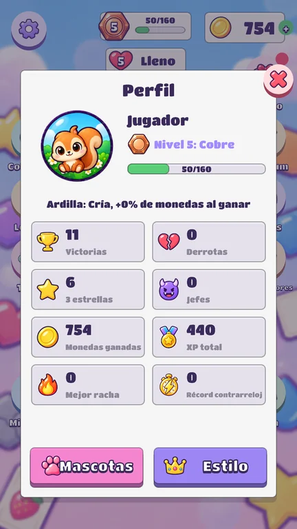 Pantalla del juego: Perfil y mascota