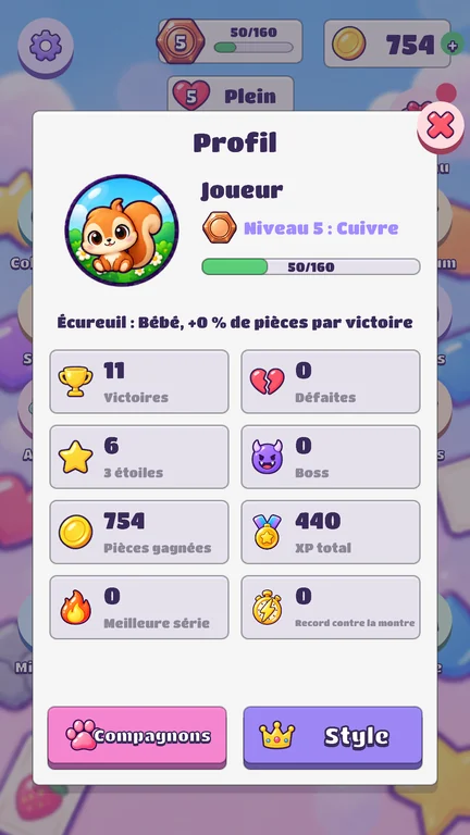 Écran du jeu: Profil et compagnon
