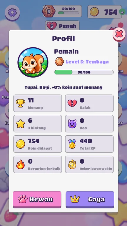 Layar game: Profil dan hewan peliharaan