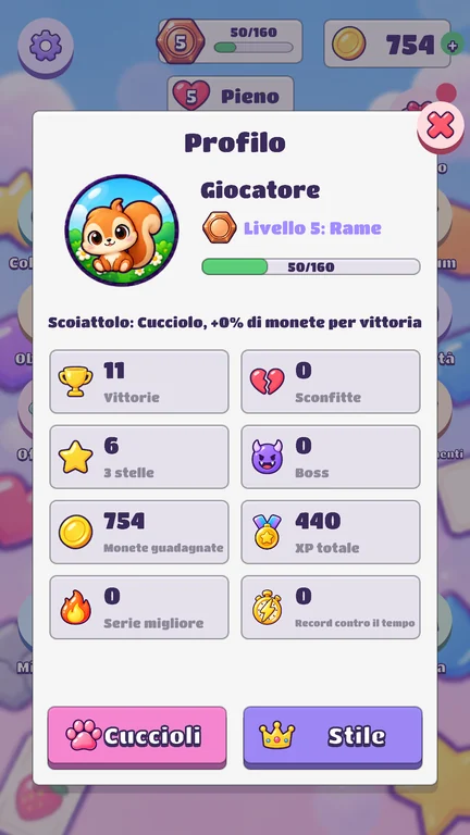 Schermata del gioco: Profilo e cucciolo