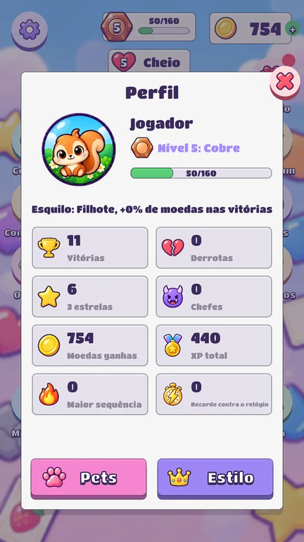 Tela do jogo: Perfil e pet