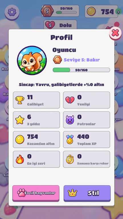 Oyun ekranı: Profil ve evcil hayvan